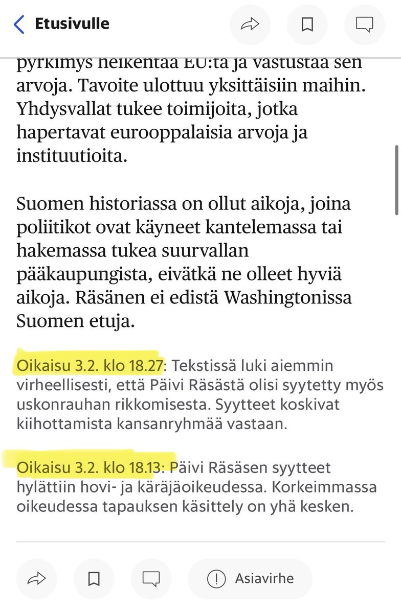 MakisenJussi's tweet photo. Pääkirjoitus edustaa lehden linjaa. Se on koko julkaisun mielipidekirjoitus.

Suomalainen sananvapaus ja julkaisuvapaus kaipaisivat mielestäni amerikkalaista apua sananvapauskeskusteluun, ja tämä pääkirjoitus on huutomerkki, joka sen vahvistaa.

Totta tosiaan. Maan suurin päivälehti kokee, että suomalaisen poliitikon puhematka Yhdysvaltoihin on ongelma, koska hän kertoo siellä, kuinka ahdas sananvapauskäsitys Suomessa on.

Kyllä. Meille on ihan kamalan noloa, kun maailmalla kuullaan, että meillä jopa parlamentaarikko on haastettu vuosien mittaiseen oikeusprosessiin, koska hän on puhunut uskostaan avoimesti ja levittänyt Raamatun sanaa.

Ymmärrän. Tapauskovaisena ymmärrän, miten ahdistavaa monien uskontovastaisten korviin on kuulla uskosta, mutta edes ateistit eivät siitä yleensä ahdistu ja osa papistostakin on oppinut sitä välttämään.

Minusta kysymys siitä, saako uskova saarnata vai ei, on mustavalkoinen asia. Kenenkään ei ole pakko sitä kuunnella.

No, annetaan armoa. Kun pääkirjoitukseen tehdään kaksi oikaisua sen julkaisun jälkeen, lukijalle lienee selvää, ettei pääkirjoituksen kirjoittaja tunne asiaa, josta kirjoittaa.

Tuskin edes ajatteli asiaa.

Tuokin kirjoitus olisi ollut ihan hyvä twiittinä tai Facebookissa. Harmi, ettei toimittajat enää tykkää somesta.
