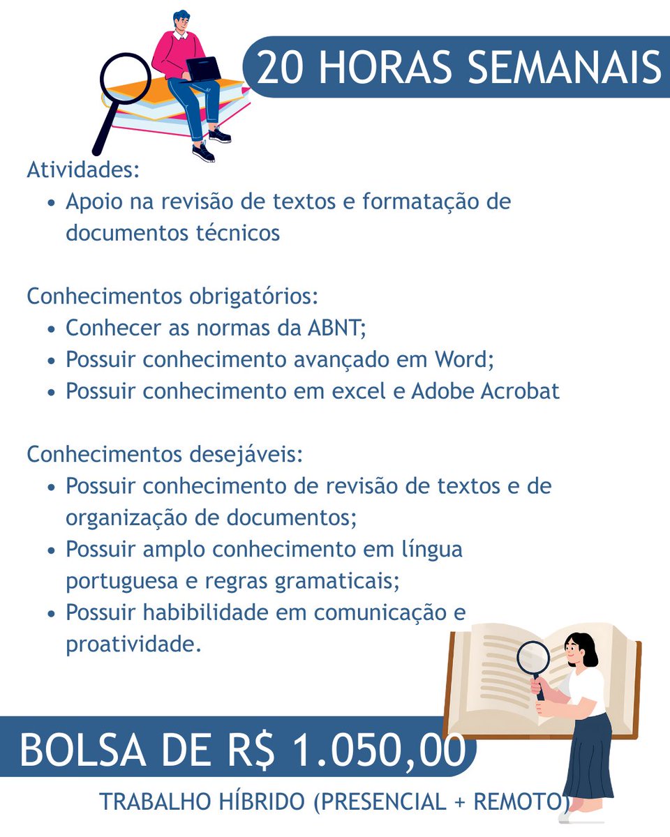LabtransUFSC's tweet image. 📚 Você é da área de Letras? Temos vaga pra você no LabTrans!

Oportunidade incrível para estudantes de Letras - Português ou áreas correlatas: são 2 vagas de bolsa no LabTrans/UFSC! 📝

💼 Atividades:
• Apoio na revisão de textos e na formatação de documentos técnicos.

✅…