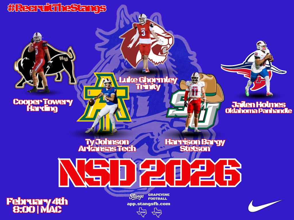 GHSMustangsFB's tweet photo. National Signing Day 2026!
📍: Mustang Activity Center (MAC)
📆: February 4th 
⏰: 8:00 A.M. 

We are proud of these 5 seniors on committing to continue their academic and athletic careers at the next level! #RecruitTheStangs https://t.co/KwPw8nVewv