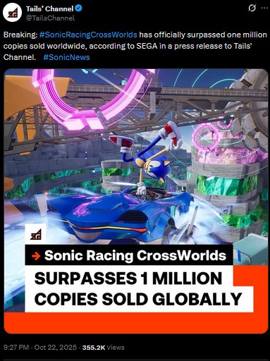 time_pizzerNG's tweet image. that's nice

that sales figure for crossworlds is outdated, btw

SEGA sent out a press release, a little under a month after launch, saying it SURPASSED 1 million

yall are comparing air riders' recent numbers (AFTER the holidays) to crossworlds' sales from OCTOBER