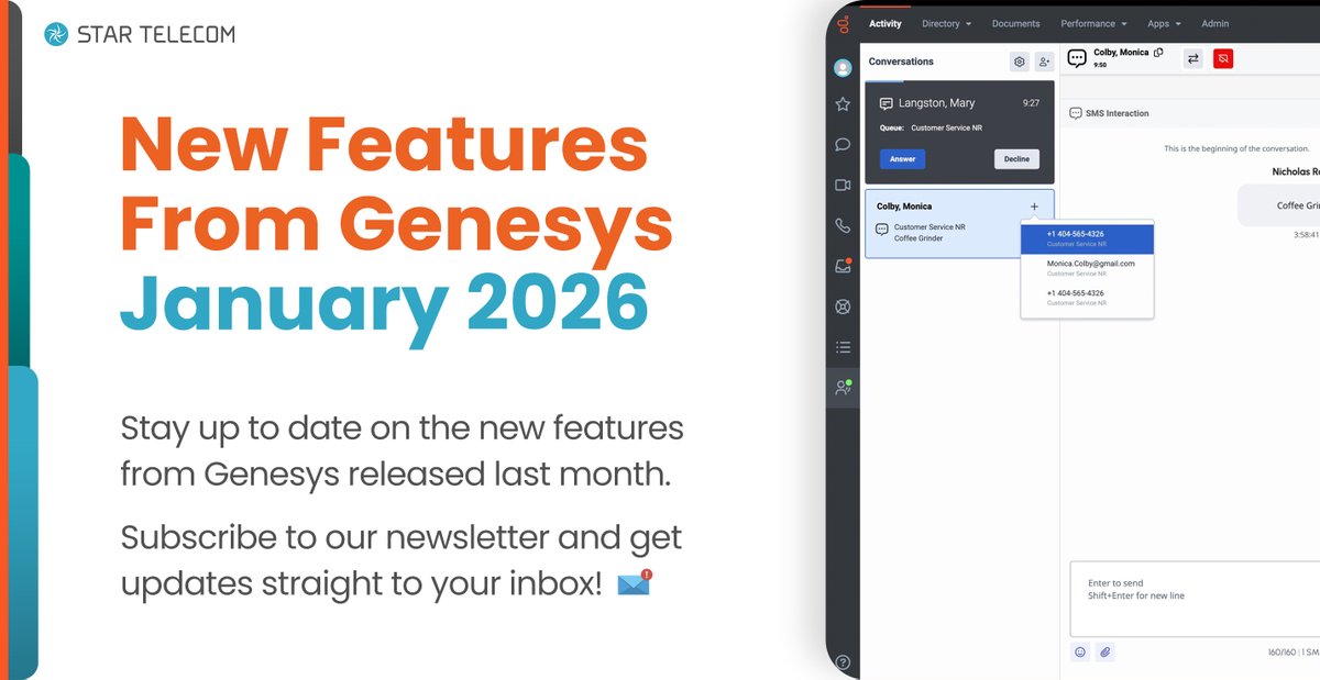 startelecom's tweet photo. Check out what's new from Genesys here! 👉 https://t.co/4VkyhZvkzl

#Genesys #CCaaS #Cloud #ContactCenter #NewFeatures #CX #EX #Agents https://t.co/zNi2d4U16U