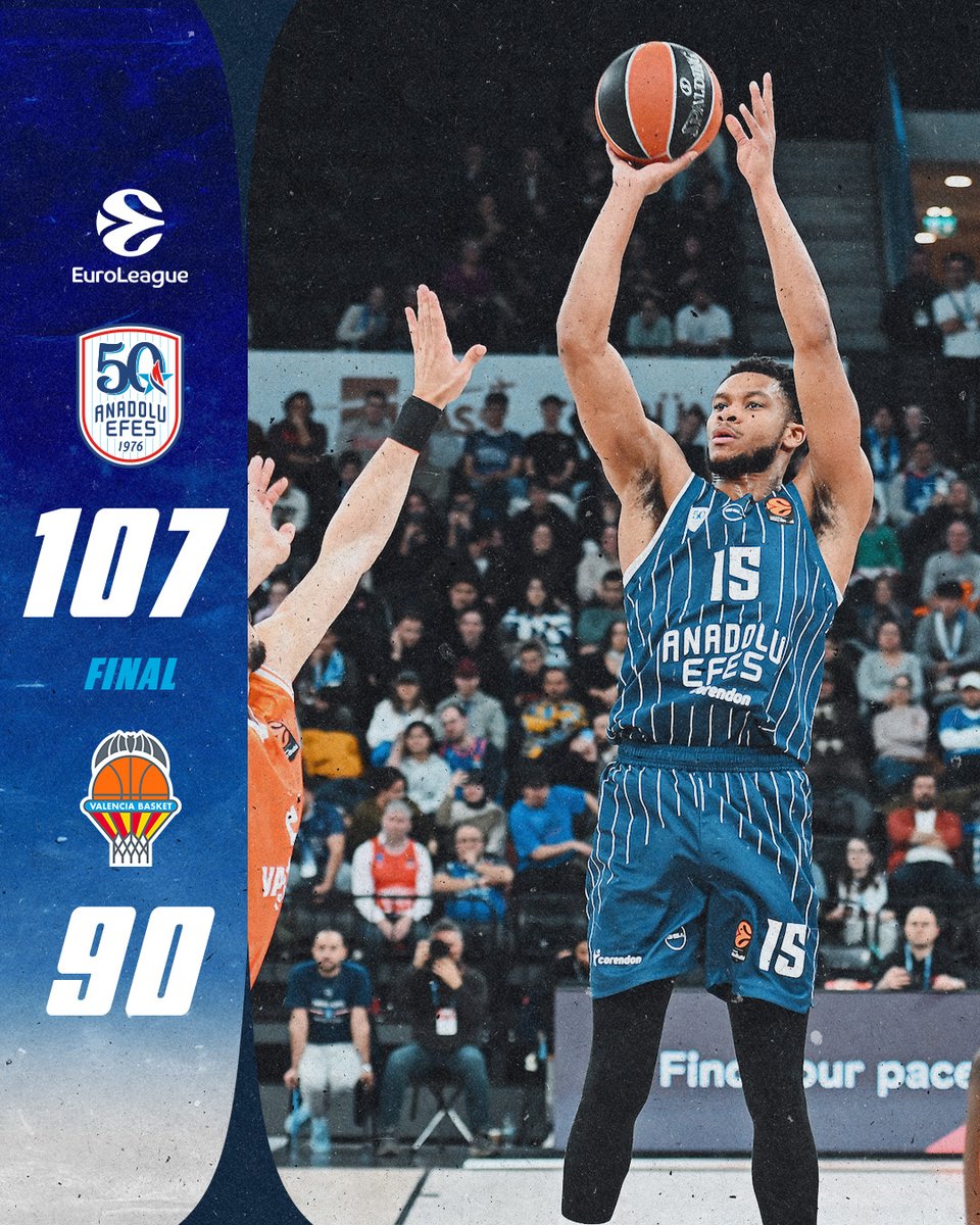 Evimizde, karşılaşmayı galibiyetle sonlandırıyoruz.
Anadolu Efes 107 - 90 Valencia Basket | Maç Sonucu

#BenimYerimBurası