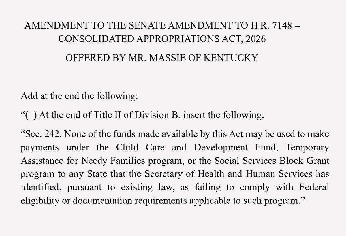 RepThomasMassie's tweet image. BLOCKED: My amendment to freeze the funds for “daycare fraud.”