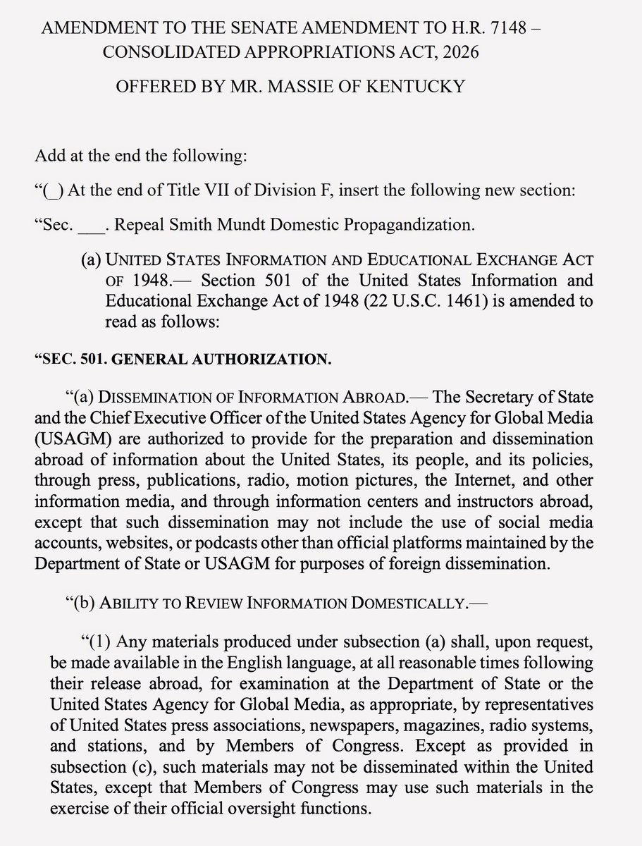 RepThomasMassie's tweet image. BLOCKED: My amendment to end the propagandizing of U.S. citizens by the State Department and the U.S. Agency for Global Media (USAGM).