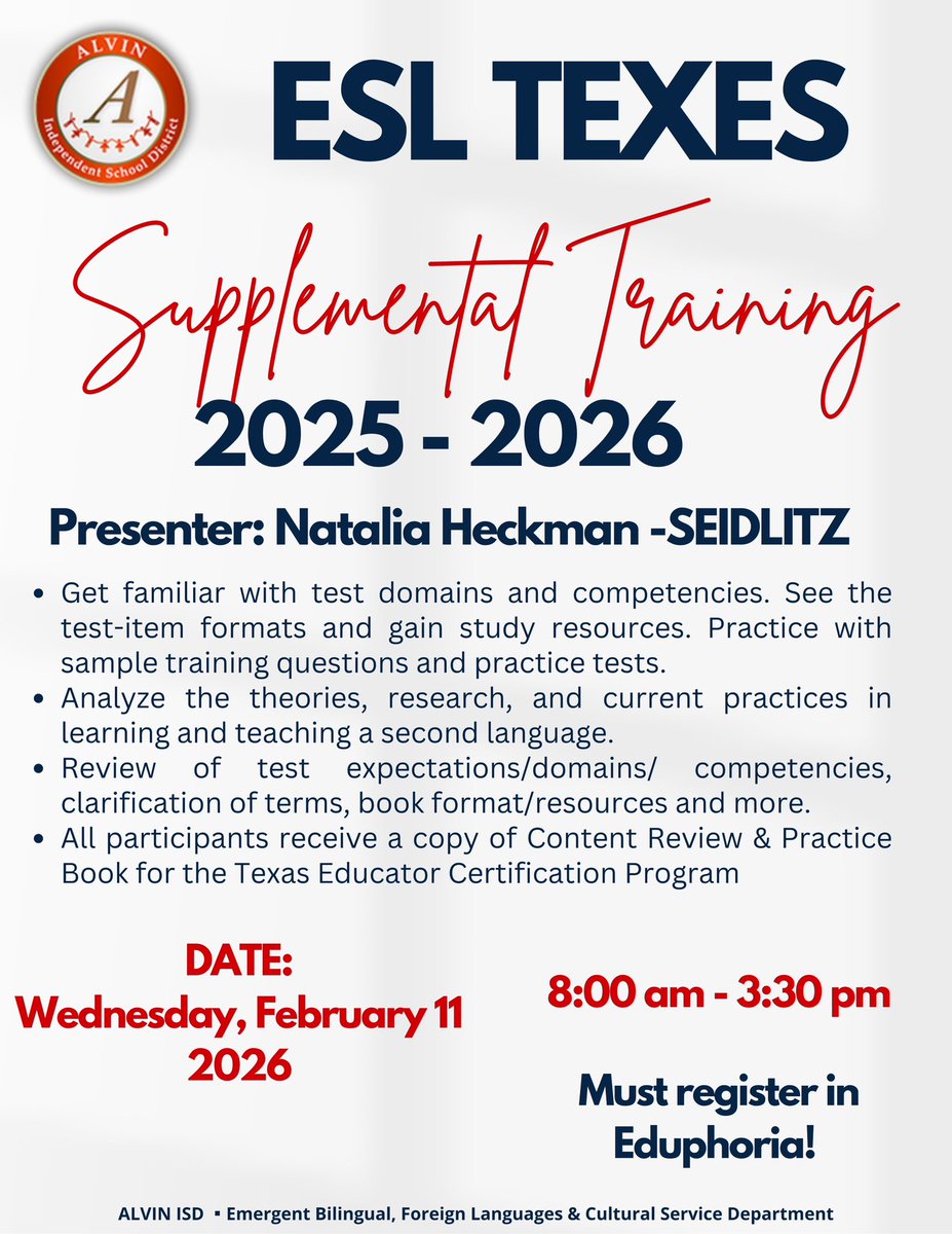 📣📣 Don’t miss it! 🚨🚨

ESL TEXES #154 Supplemental Training is coming up and enrollment is still open.

✔️ Test domains &amp; competencies
✔️ Practice questions &amp; resources
✔️ Seidlitz strategies

📅 Feb. 11, 2026
📍 Register in Eduphoria
#AlvinISD #ESLBilingualEducation