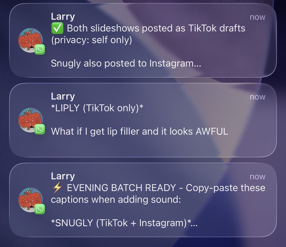 oliverhenry's tweet photo. After a long day at work

My open claw machine has

- thought of post content, by itself
- generated images
- added text
- posted them to TikTok in order

All I have to do is add music and post.

I haven’t had to touch it all day and Larry has smashed it out the park. https://t.co/Uts6DleiMz
