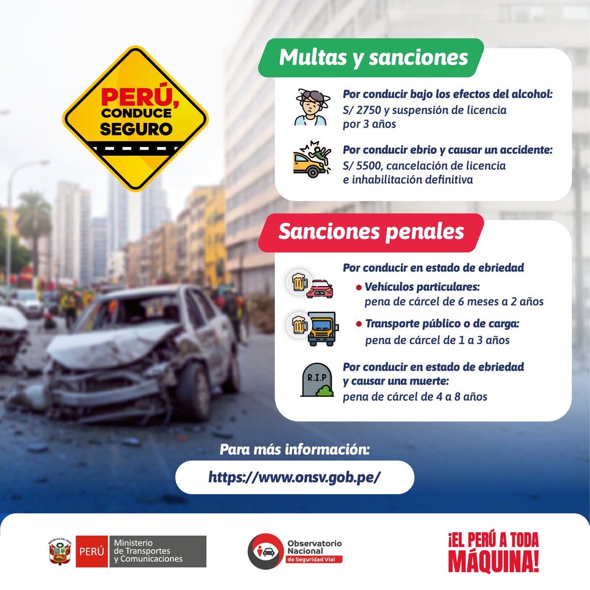 🚨 Manejar bajo los efectos del alcohol tiene graves consecuencias 🚨

🍺🚗 Multas desde S/2,750 y suspensión de licencia.
💥 Si causas un accidente: multa de S/5,550 y cancelación definitiva.

⚖️ Incluso cárcel si hay víctimas.
🚫 No pongas vidas en riesgo.
 #VeranoSeguro