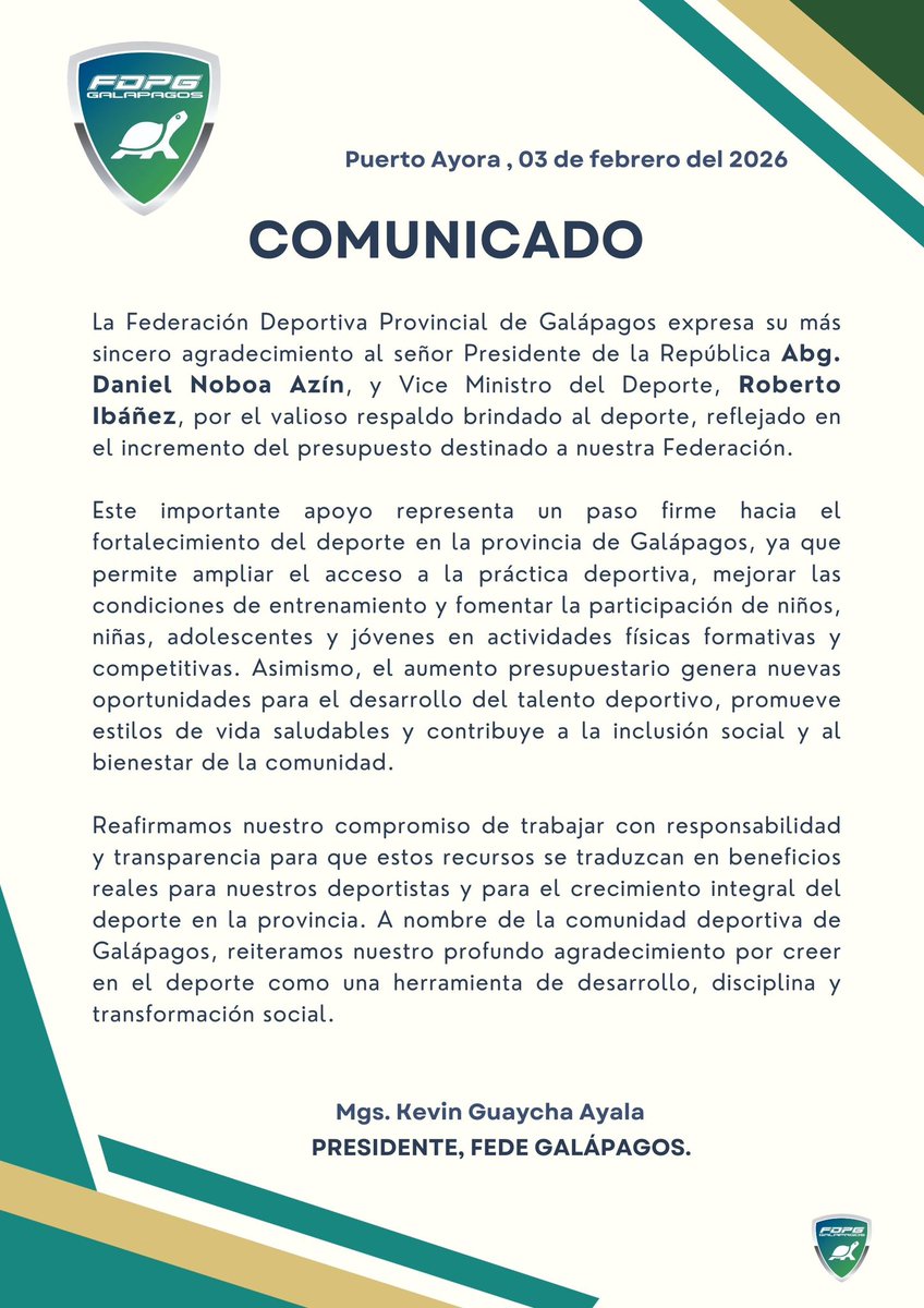 KevinGuaychaA's tweet photo. Nuestro agradecimiento a @DanielNoboaOk y @RobertoIbanez_R , por el incremento del presupuesto a la Federación Deportiva Provincial de Galápagos. Este apoyo fortalece el acceso al deporte, crea oportunidades y promueve el desarrollo de nuestros atletas. 💪🏽🏅@FEDENADOR_ https://t.co/iqJm1vvOfi