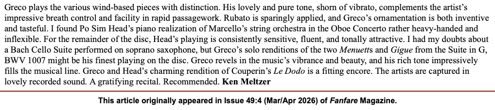 cjgreco1's tweet photo. Fanfare Magazine Review 2 - Mar/Apr 2026
Baroque for soprano saxophone and piano (Navona)
"Greco revels in the music's vibrance and beauty. Recommended."
https://t.co/fzqGuX35Iv https://t.co/lP6ywiM37y