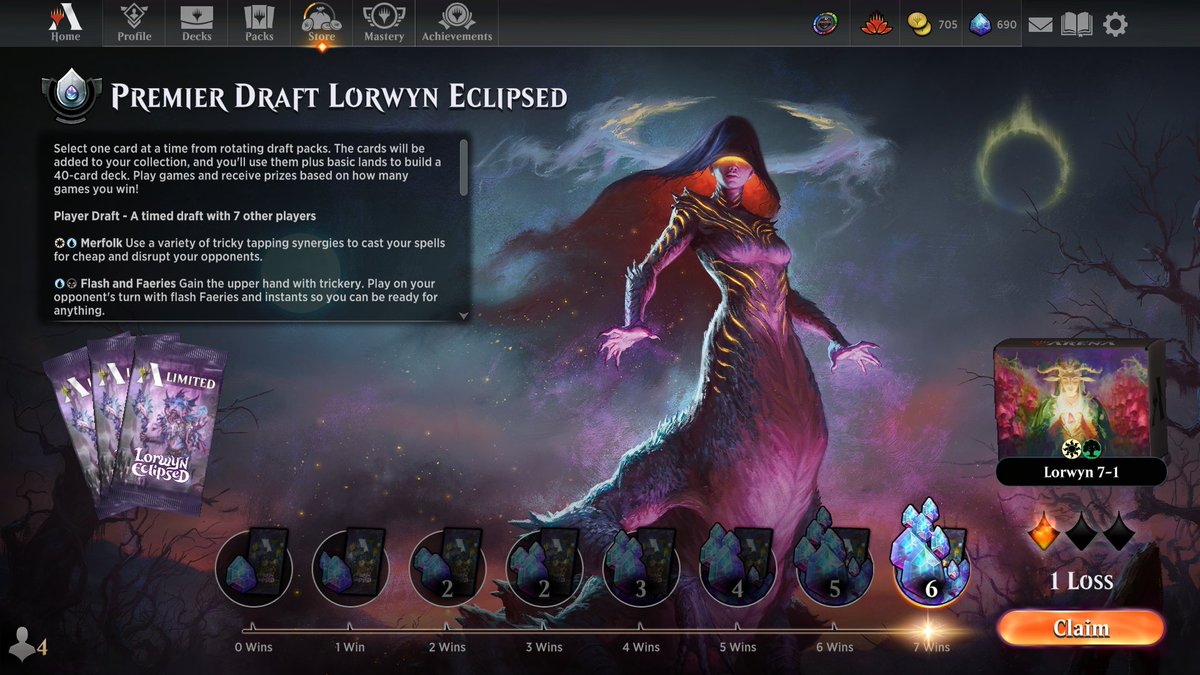 Just got my first Lorwyn Trophy. It's easy to trophy when you get all of the good green rares passed to you. My 1 loss was completely my fault because I was just too aggressive when I needed to sit back.