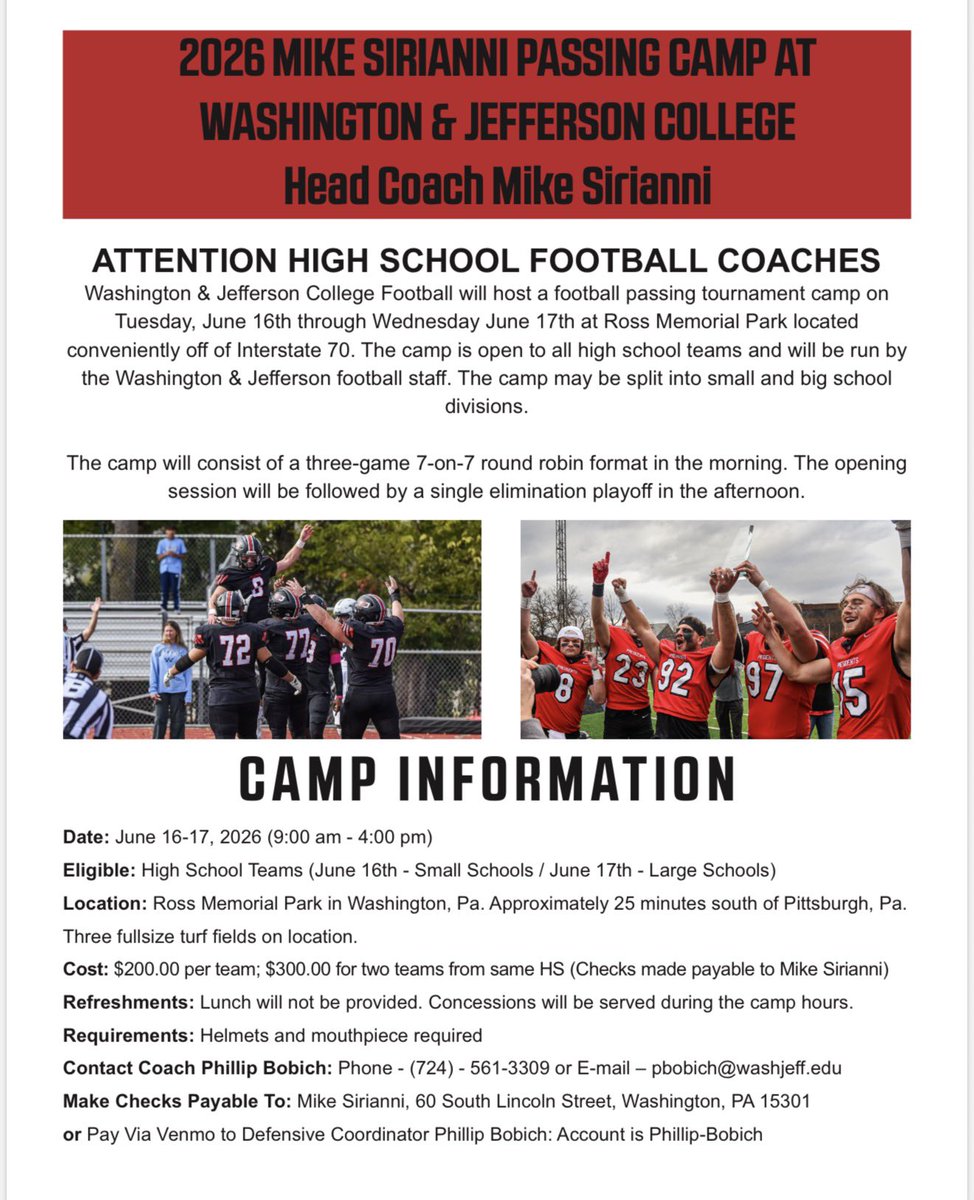 🚨W&amp;J Summer Camp Dates🚨

Elite Presidential Prospect Camp: May 16th

7 on 7 Passing Camp: June 16th &amp; June 17th

Youth Camp: June 22nd-25th

Register Here:
Prospect Camp- forms.gle/T4MCjLP1QL6ksE…

Youth Camp- forms.gle/PoJwsCozJQpzmV…