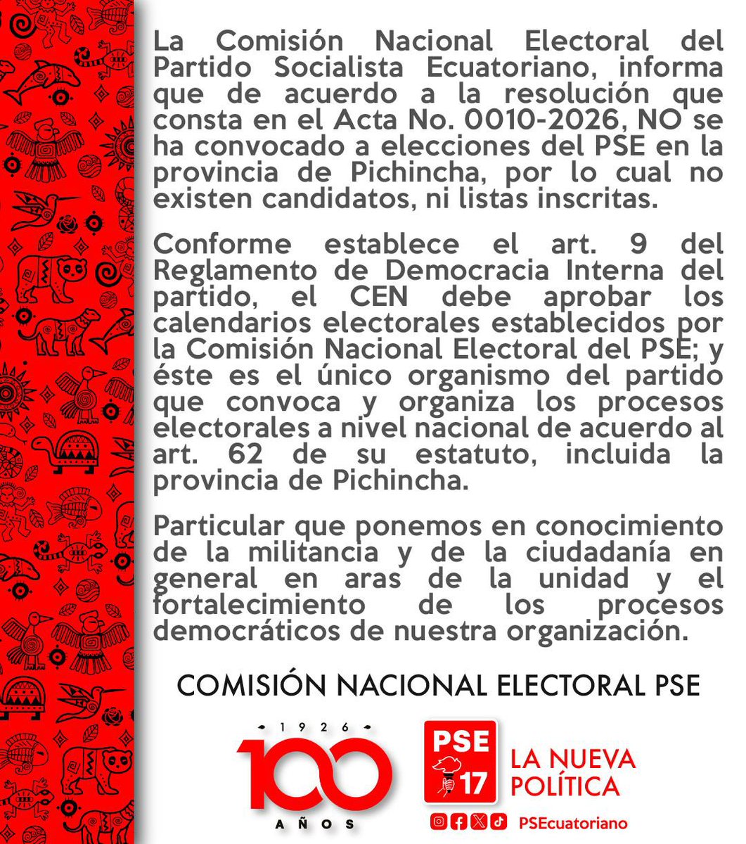 Comunicado Oficial | 🚩🚩

El PSE a su militancia, medios de comunicación y la ciudadanía en general. 

#PSECentenario
#PSENacional
#LaNuevaPolitica