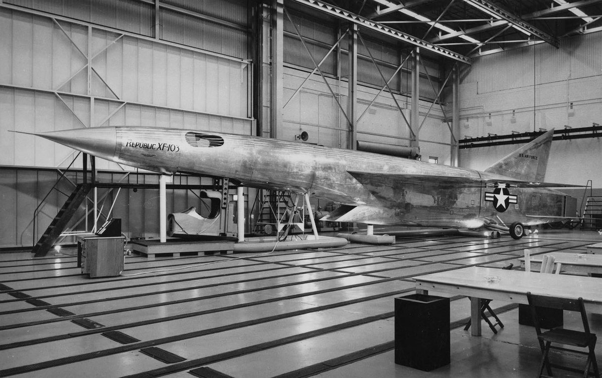 Boneyardsafari's tweet photo. Here is the metal mockup of the XF-103 in 1953, it would have had a dual-cycle propulsion system which could act as a traditional turbojet as well as a ramjet. #xf103 #usaf #boneyardsafari #aviationsafari https://t.co/oJbYwszLJO