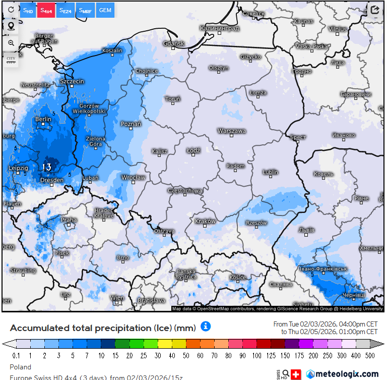 Kończy się największy mróz, ale wraz z odwilżą przyjdą niebezpieczne opady. W środę rano w centrum Polski spadnie kilka cm śniegu. W czwartek rano na zachodzie i lokalnie w innych regionach pojawią się natomiast opady marznącego deszczu z silną gołoledzią.
Grafiki: meteologix