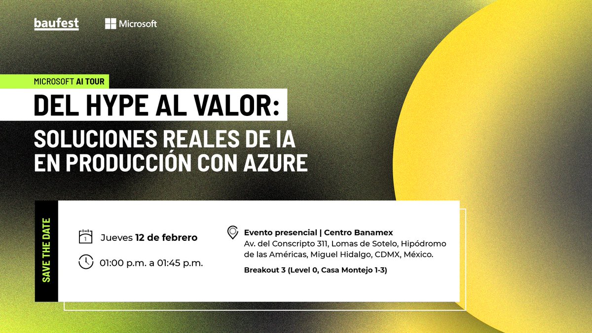 🇲🇽 Somos Sponsor Premium del Microsoft AI Tour 2026 – Mexico City 💡

Desde Baufest, participaremos con la charla “Del hype al valor: soluciones reales de IA en producción con Azure”, compartiendo cómo la IA puede generar resultados reales de negocio.

🙌 ¡Los esperamos! 🙌