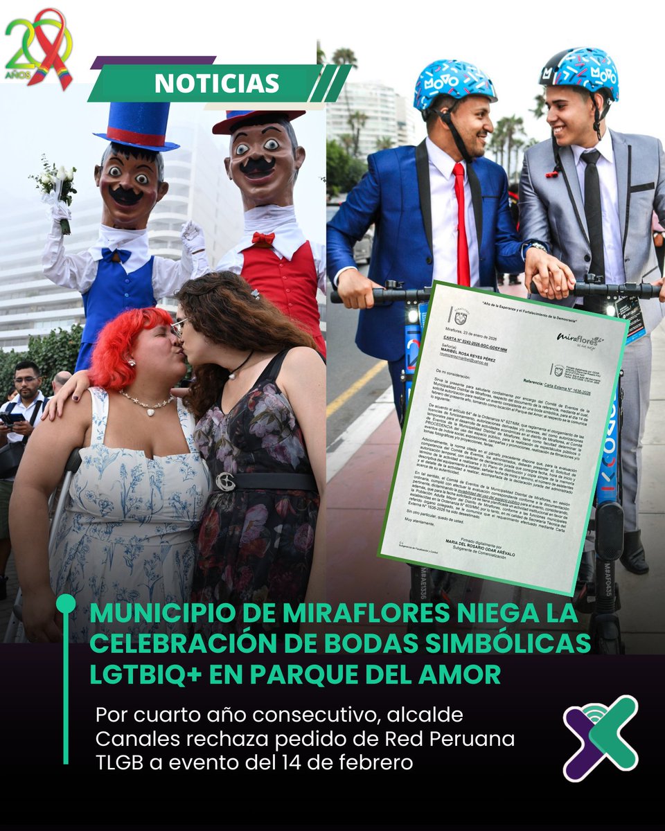 ConexionVida_pe's tweet photo. #Exclusivo 💔 Por cuarta vez, la @MuniMiraflores  niega el permiso para las bodas simbólicas LGBTI+ en el Parque del Amor, un evento que celebra 24 años de historia y visibilización.
@FiscaliaPeru @RedPeruanaTLGB @MarchaOrgulloPe @suselparedes @promsex  #LoUltimo https://t.co/eUG2Xrb1sT