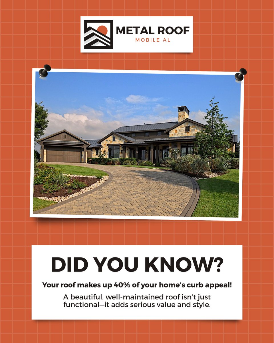 MetalR92309's tweet photo. A new or well-maintained roof can:
-Instantly boost your home’s appearance
-Improve resale value
-Increase energy efficiency
-Protect your home for decades

If you’re looking to upgrade your home’s curb appeal, w're here to help.

#MetalRoof #CurbAppeal #HomeImprovement #MobileAL https://t.co/hvcBlbDlKV