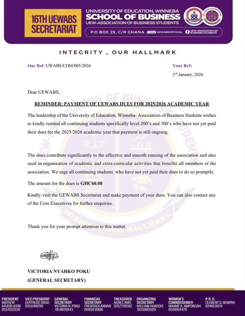 uewabs's tweet photo. GENTLE REMINDER ��

PAYMENT OF UEWABS DUES FOR 2025/26 ACADEMIC YEAR https://t.co/7KHNNLzbG1