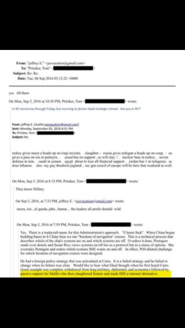 من أرشيف "جيفري إبستين" المسرب.. وثيقة تكشف اعتراف النخبة الأمريكية بكواليس صناعة الفوضى في العراق من جانب المالكي وتهاون من إدارة أوباما  :
​في رسالة بتاريخ 5 سبتمبر 2016، كتب الملياردير توم بريتزكر (Pritzker) إلى إبستين منتقداً فشل واشنطن:

​"الانسحاب الكامل من العراق متبوعاً