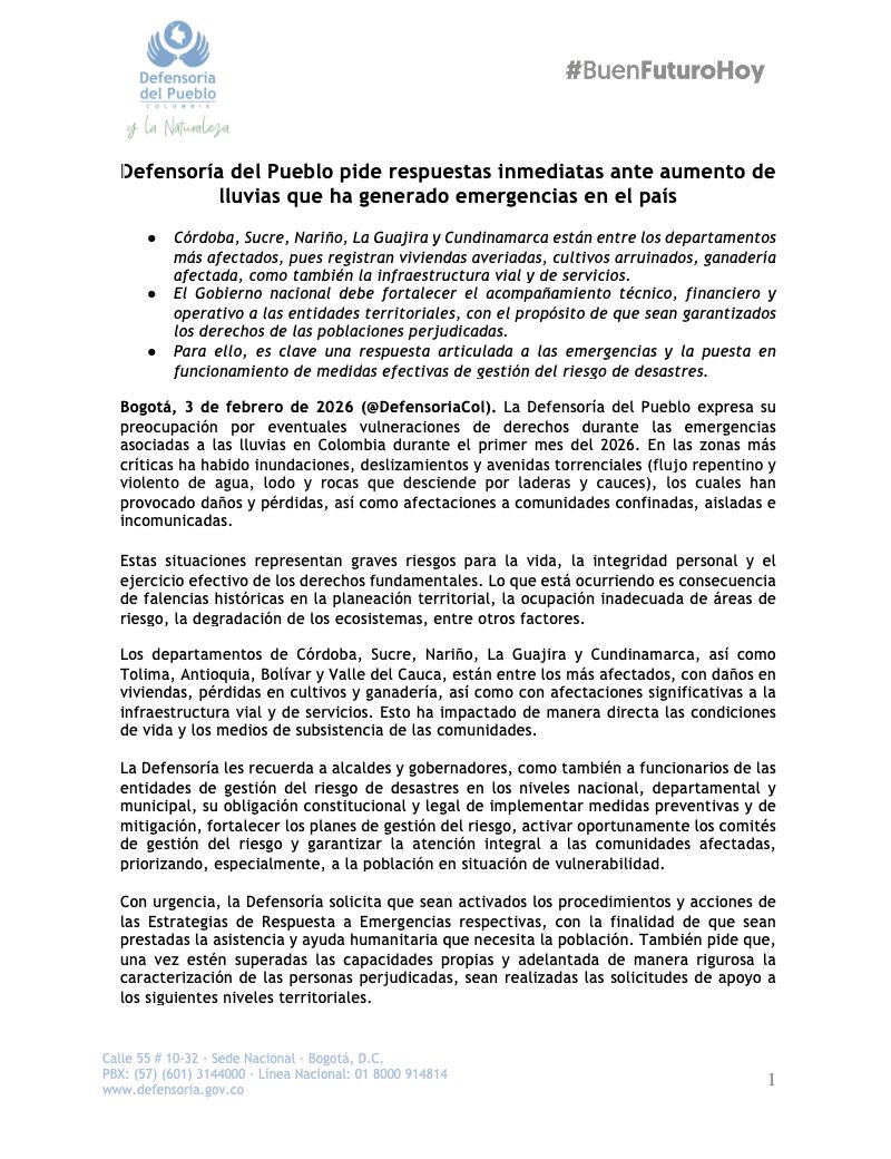 DefensoriaCol's tweet photo. Ante el aumento de lluvias que ha generado emergencias en el país solicitamos al Gobierno nacional, a alcaldes y gobernadores, como también a funcionarios de las entidades de gestión del riesgo de desastres en los niveles nacional, departamental y municipal, activar de inmediato las Estrategias de Respuesta a Emergencias para garantizar asistencia y ayuda humanitaria. 

Hacemos un llamado para que se garanticen albergues con condiciones dignas y enfoque diferencial, acceso a agua potable, atención en salud y protección integral a las familias afectadas, rutas de protección para niños, niñas, adolescentes, personas mayores, y participación efectiva de las comunidades.

Amplíe la información aquí: https://t.co/1xtTBDRzIi