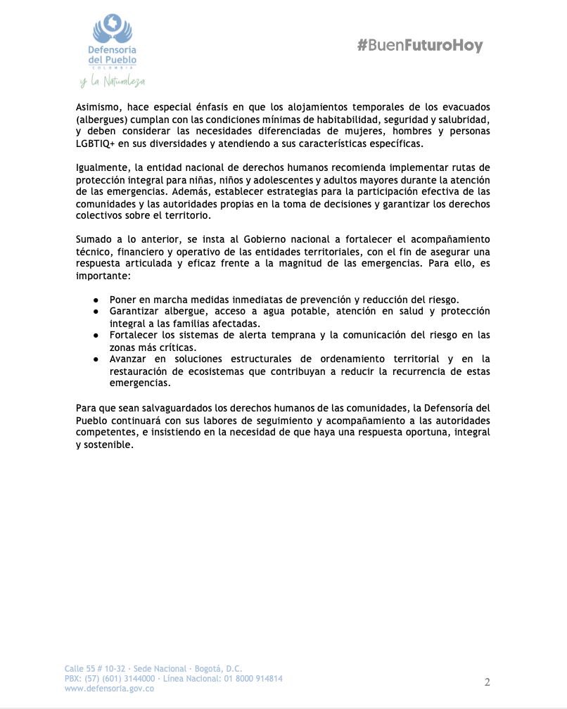 DefensoriaCol's tweet photo. Ante el aumento de lluvias que ha generado emergencias en el país solicitamos al Gobierno nacional, a alcaldes y gobernadores, como también a funcionarios de las entidades de gestión del riesgo de desastres en los niveles nacional, departamental y municipal, activar de inmediato las Estrategias de Respuesta a Emergencias para garantizar asistencia y ayuda humanitaria. 

Hacemos un llamado para que se garanticen albergues con condiciones dignas y enfoque diferencial, acceso a agua potable, atención en salud y protección integral a las familias afectadas, rutas de protección para niños, niñas, adolescentes, personas mayores, y participación efectiva de las comunidades.

Amplíe la información aquí: https://t.co/1xtTBDRzIi