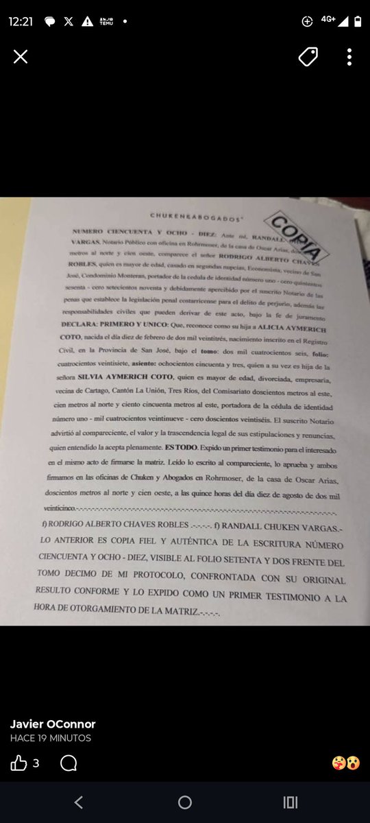 mgvillalr's tweet photo. Los que ya vieron el chisme de la hija de Chaves escrito por la misma madre de la criatura, les tengo estos documentos de reconocimiento de paternidad. Notario Randall Chucken, el mismo del caso Tradeco. https://t.co/eZ97OcDT2V