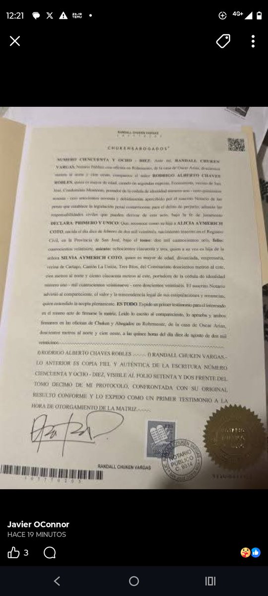 Los que ya vieron el chisme de la hija de Chaves escrito por la misma madre de la criatura, les tengo estos documentos de reconocimiento de paternidad. Notario Randall Chucken, el mismo del caso Tradeco.