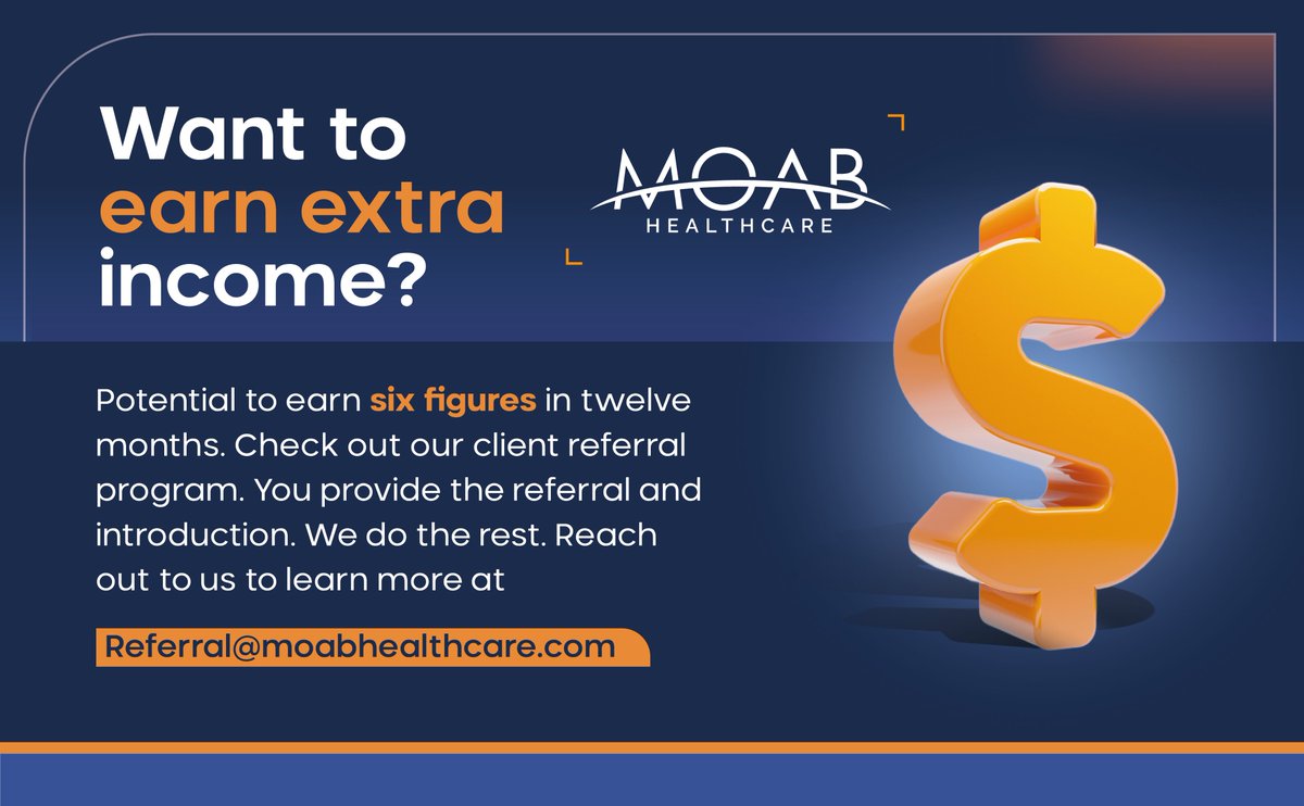 💰 Want to Earn Extra Income?

🚀 Potential to earn six figures in 12 months

🤝 Join Moab Healthcare’s Client Referral Program

✅ You make the referral and introduction

📩 We handle the rest

📧 Learn more: Referral@moabhealthcare.com

---

#healthcareleaders #hospitals