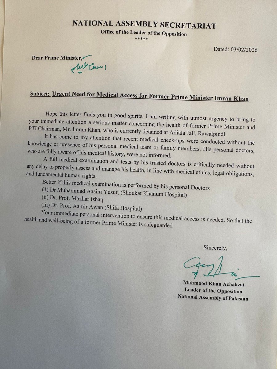 Opposition Leader Mahmood Khan Achakzai's letter to Shehbaz Sharif regarding former PM Imran Khan's health, urging immediate provision of personal physician and medical facilities to Imran Khan.