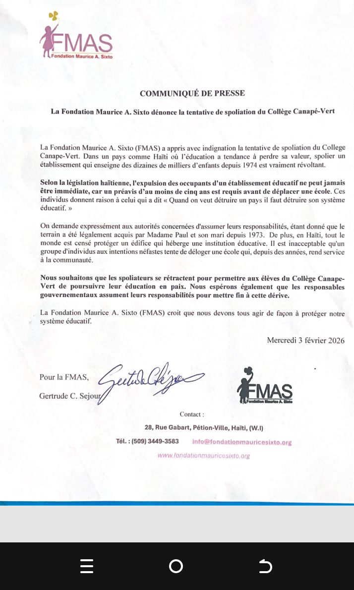 La FMAS compte sur tout un chacun pour supporter Madame Paul et le Collège Canapé-Vert dans ce moment difficile.