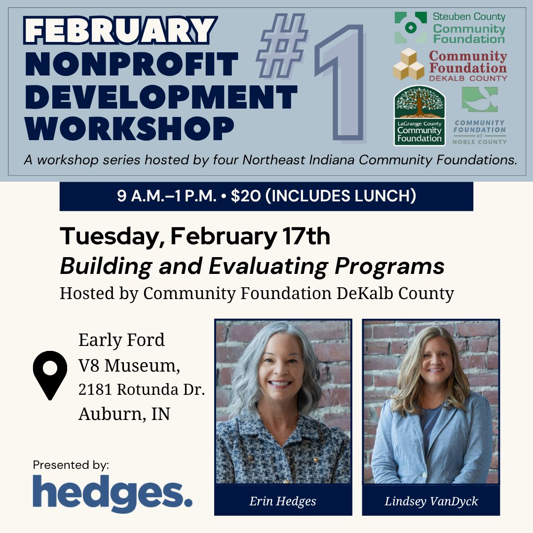 sccf_org's tweet photo. The February Nonprofit Development Workshop is coming up next month! Don't miss it!
  
 📅 Tuesday, February 17
  🕘 9:00 a.m.–1:00 p.m. (Lunch included)
  📍 Early Ford V8 Museum, Auburn, IN
  💲 $20 registration
  👉 Register today: https://t.co/PnoNTcRck1 https://t.co/3GTYszHVqz