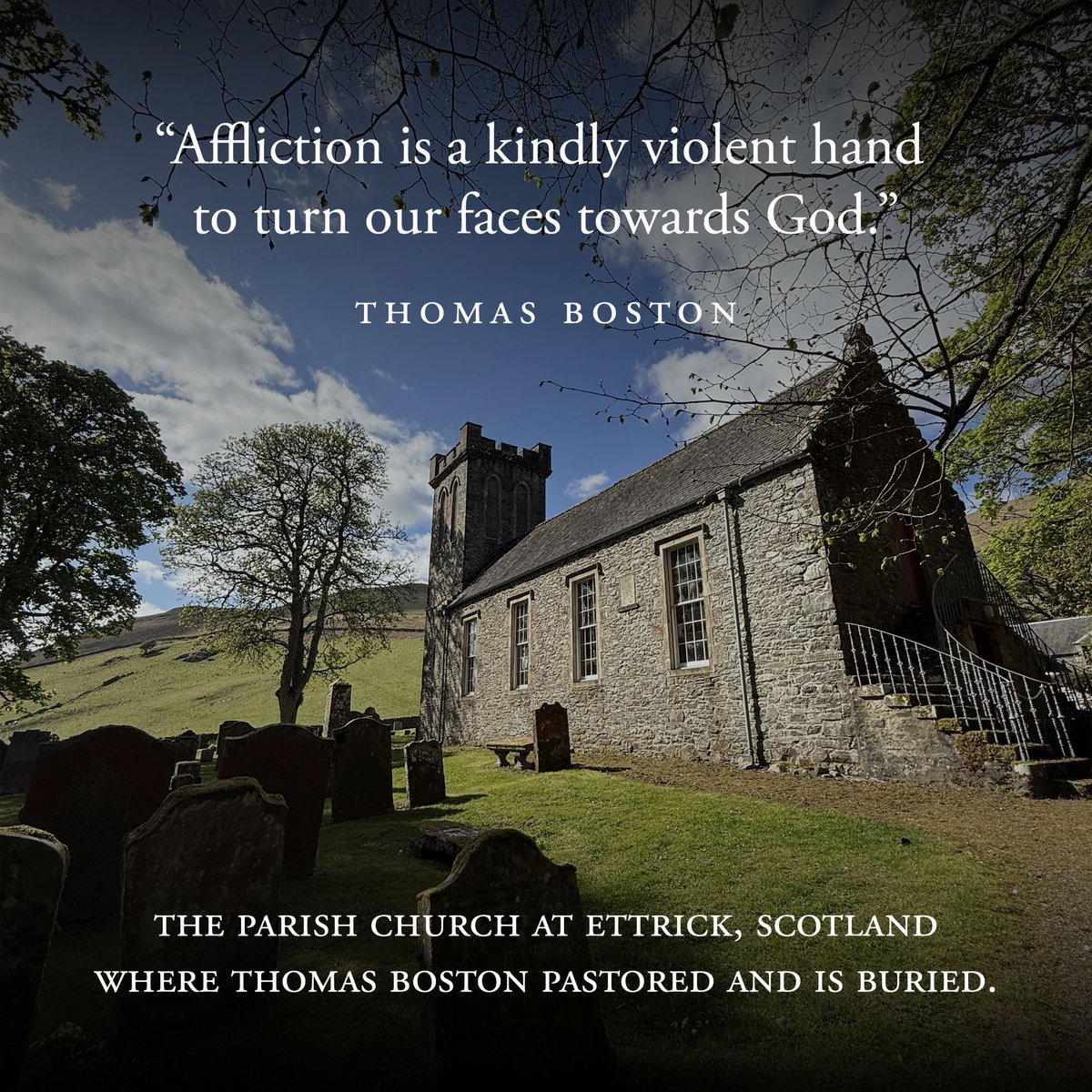 1 SEAT LEFT. 

We will visit this church, the church of Thomas Boston. Lord willing, we will sit inside his church, sing a psalm, and read an excerpt from his book. His grave is also just steps away. Nestled in the middle of nowhere.

foundationstour.com