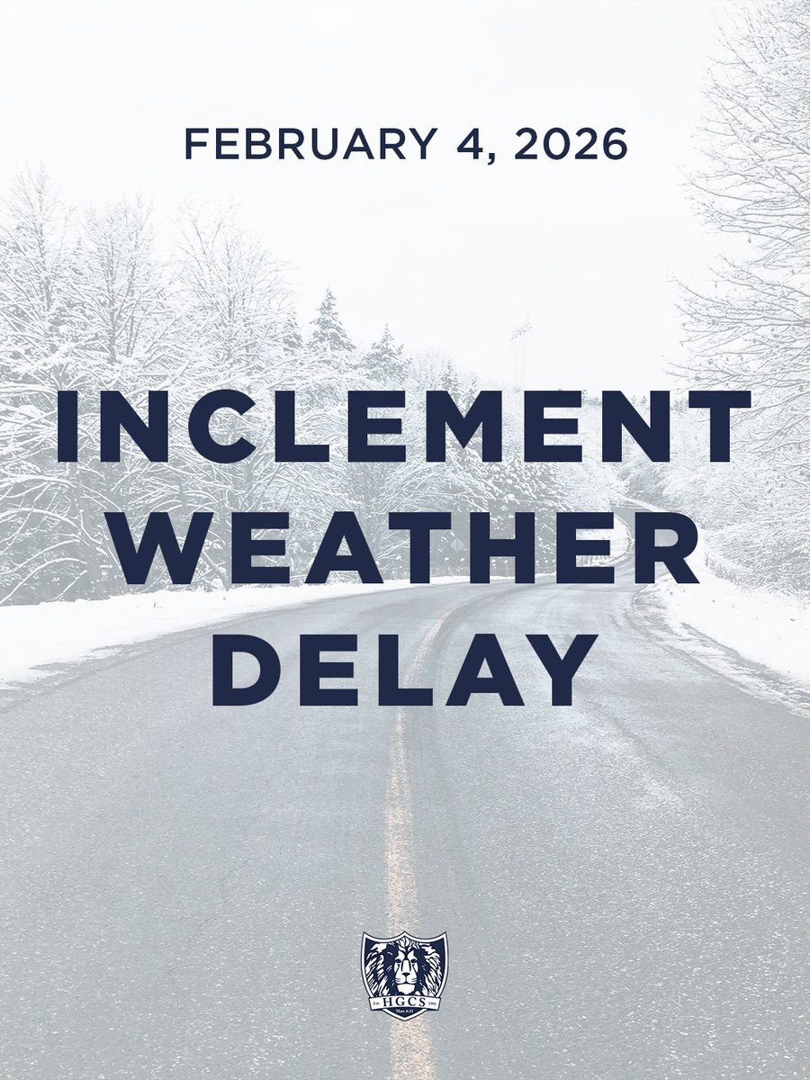 HGCSchool's tweet photo. HGCS & EEC will have a delayed opening on Wednesday, February 4, due to slick road conditions. Classes will begin at 9:45 AM.

Note: Students will not be penalized for absence if travel is unsafe.

Athletics: All afternoon practices will proceed as scheduled.

See https://t.co/Zgf0YqyPtO for more details.