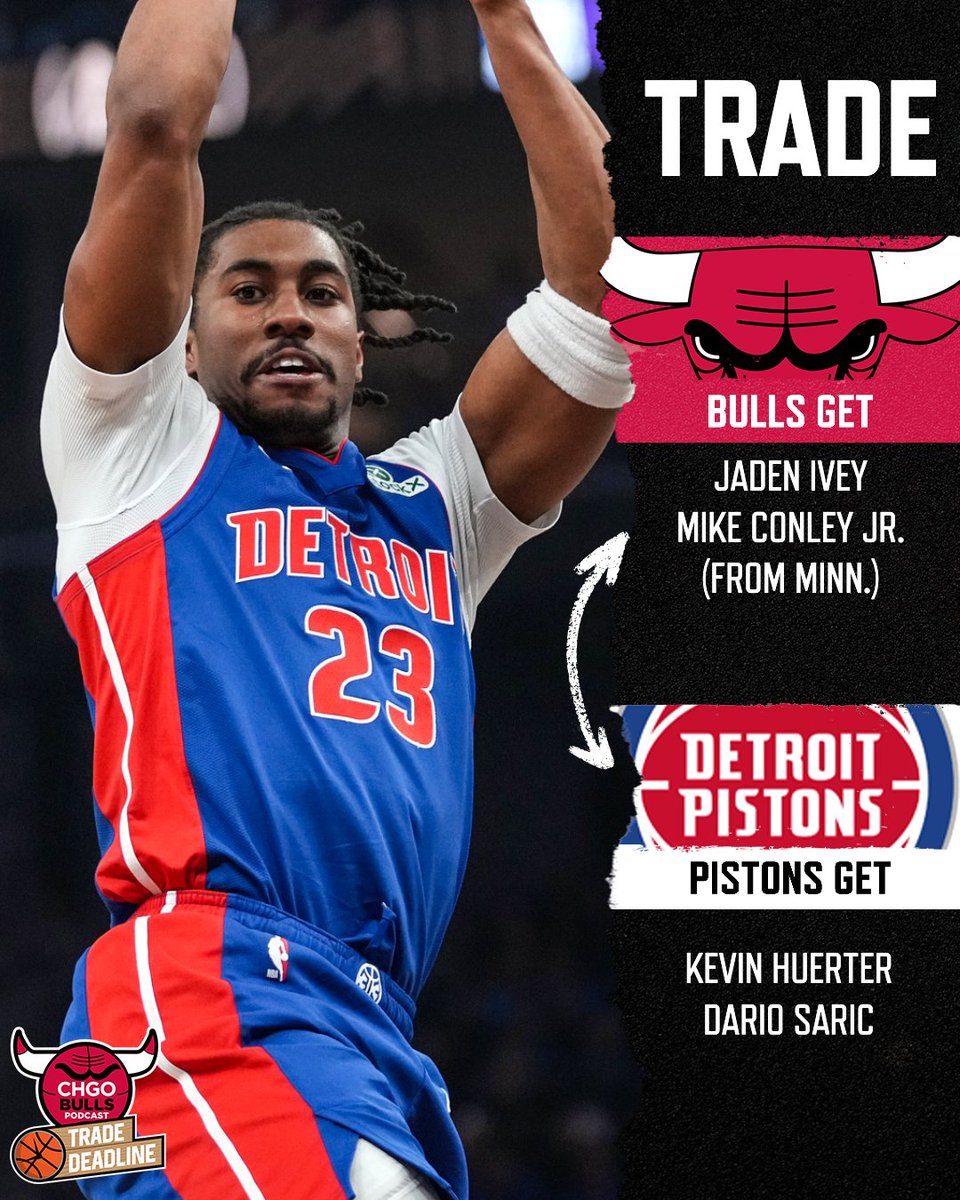 CHGO_Bulls's tweet image. BREAKING: Bulls acquiring Jaden Ivey and Mike Conley for Kevin Huerter and Dario Saric in three-team trade with Detroit and Minnesota.

Detroit also gets 2026 1st Rd protected swap from Minnesota.