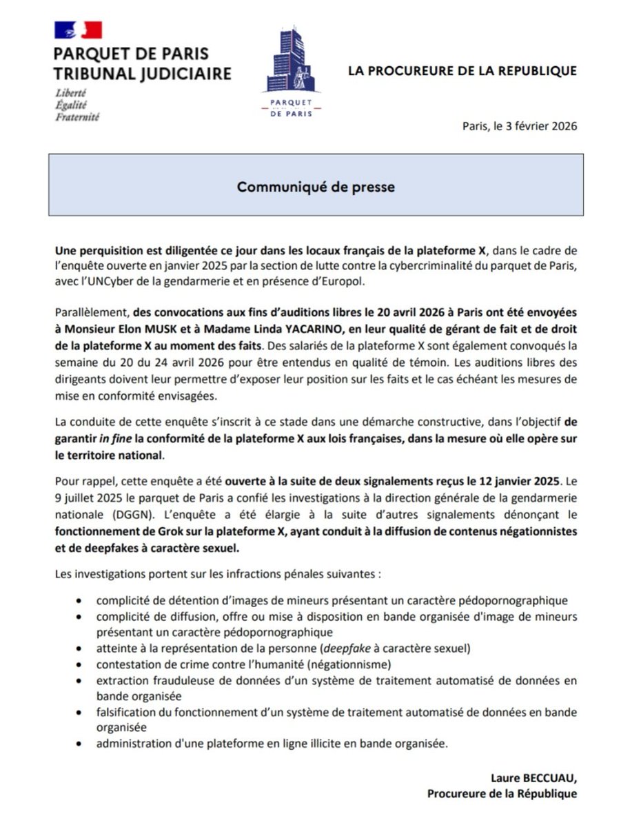 theomogenet's tweet photo. La justice française qui attaque X et @elonmusk pour :

- complicité de pedopornographie, au moment où les dossiers Epstein révèlent une accointance du plus grand pedocriminel moderne avec de nombreuses personnalités 🇫🇷 (mais pas Musk), sans qu’aucune enquete ne soit ouverte à leur sujet ;

- "atteinte à la représentation de la personne" alors que nos médias traitent de fascistes et nazis tous les personnages publics qui ne leur reviennent pas ;

- "extraction frauduleuse de données" alors que, tous les mois, 72 administrations publiques subissent des hacks, dont les fuites de données personnelles conduisent à des campagnes d’arnaque en masse, et parfois même à la mise en danger d’autrui (quand il ne s’agit pas simplement de revente de données au marché noir par des agents de la fonction publique) ;

C’est digne de Bocassa qui vous juge pour coups et blessure.

Ils osent tout, c’est à ça qu’on les reconnaît.