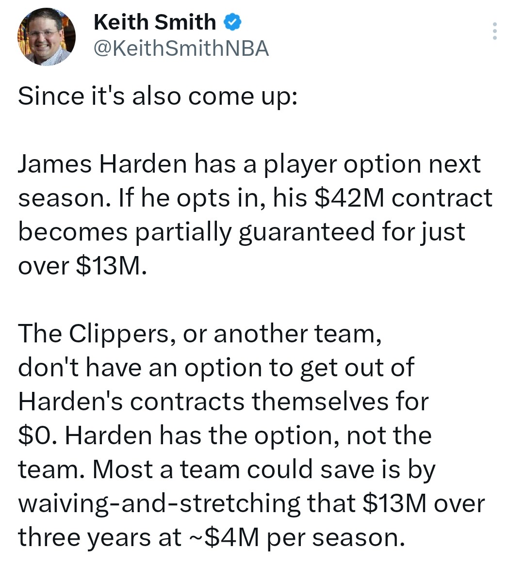 Anselmo_JA's tweet photo. @realcavsfans According to Keith, if Harden opts in to his player option, it does not become fully guaranteed. Only $13M of the $42M becomes guaranteed. Which is good for the Cavs, because if Harden opts in and we don't want to retain him, we have an avenue to waive &amp; stretch that $13M. https://t.co/1ahWFyPAf9