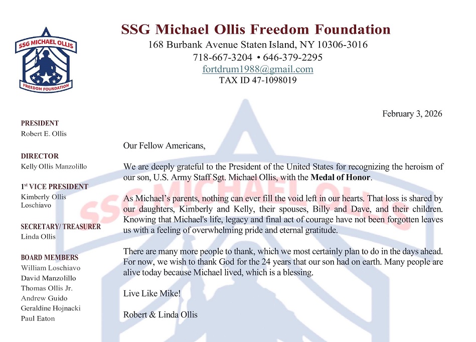 TSileo's tweet photo. Here's a heartfelt statement that Bob &amp; Linda Ollis, the Gold Star parents of Staff Sgt. Michael Ollis, have kindly asked me to share with you: (3/4) https://t.co/4W4PE6ihVJ