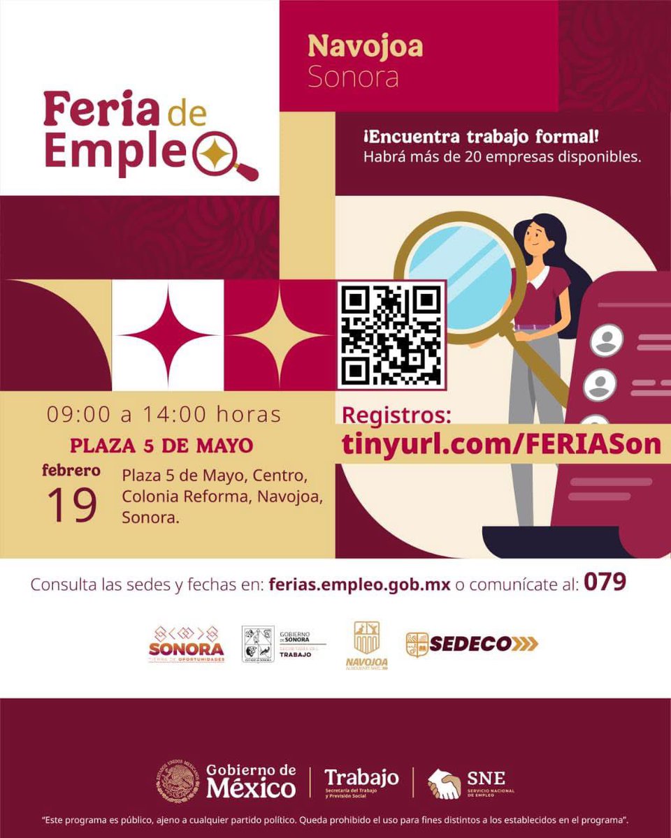 Navojoa, este 19 de febrero ¡prepárate para recibir la #FeriaDeEmpleo! 

Te esperamos de 9:00 a 14:00 horas, en la Plaza 5 de Mayo, Colonia Reforma. 

✅ Más de 20 empresas estarán ofertando vacantes. 

#STSonora 
#SNESonora