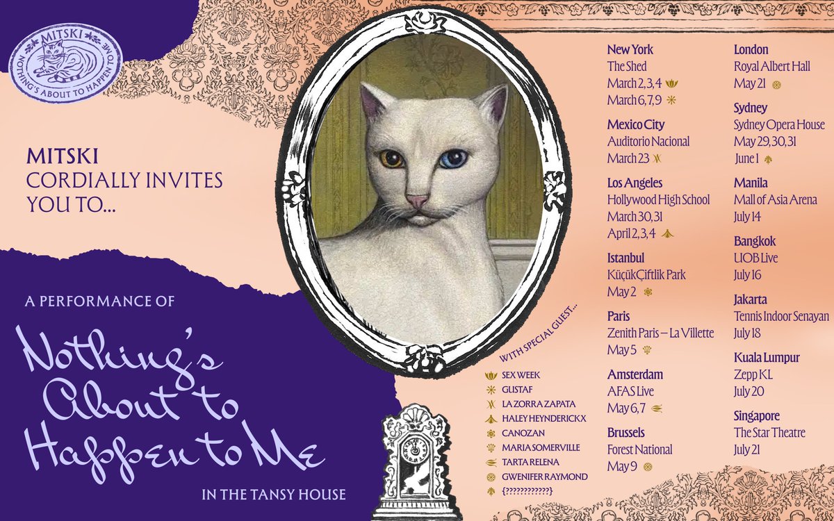 mitskileaks's tweet image. Mitski cordially invites you to a performance of 'Nothing's About to Happen to Me' in the Tansy House.

Register now for presale access. Worldwide presale begins Wed, Feb 11 at 10am venue local time. US presale begins Thu, Feb 12 at 10am venue local time.

mitski.com/live