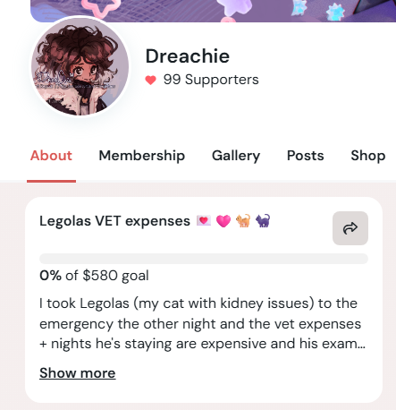 Sorry for being annoying he's my baby ;; I will set up the emergency cms after I get back home from visiting Lego at the vet, for now I set up a kofi goal ; _ ;🩷

Por ahora en lo que salgo de trabajar y regreso de ver a lego + hacer el post hice kofi 
 ko-fi.com/dreachie