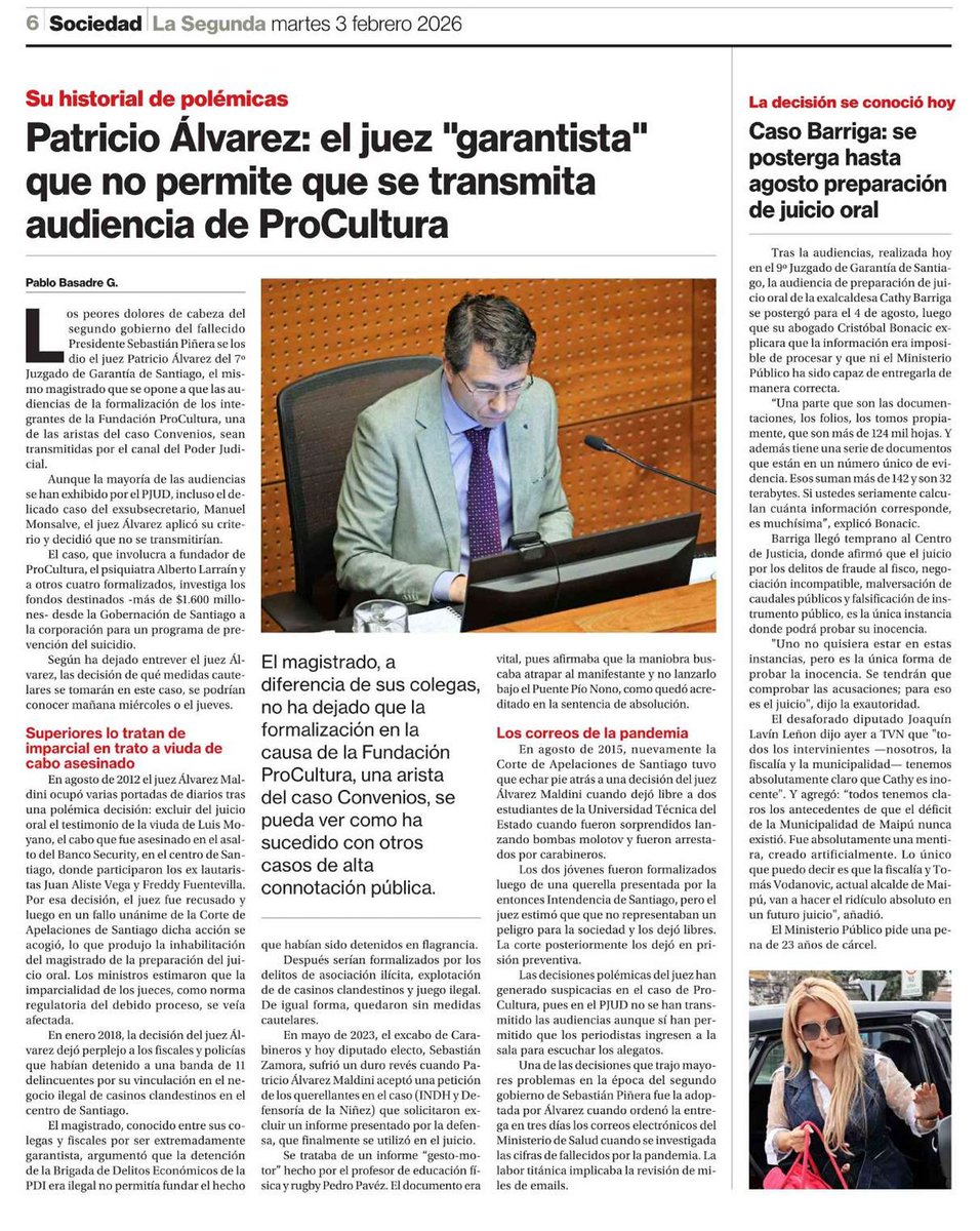 PapinoMatus's tweet image. En @La_Segunda de hoy:

🟥👉-Patricio Álvarez: el juez "garantista" que no permite que se transmita audiencia de #ProCultura 
🟡👉Debe ser amigo de Orrego o Larraín o Daniel Urrutia.

🔴👉-Caso #Barriga Se posterga hasta Agosto preparación de juicio oral.
@PJudicialChile @ANMMcl