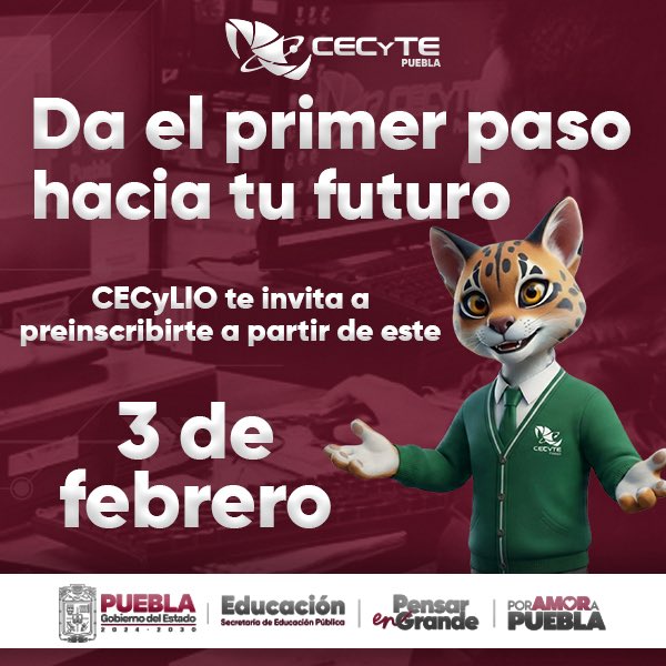Te ofrecemos las herramientas, el conocimiento y las oportunidades para que desarrolles todo tu potencial.

¡Te esperamos para ser parte de esta gran comunidad educativa!

#PorAmorAPuebla #PensarEnGrande #CECyTEPuebla #HazloEnGrande