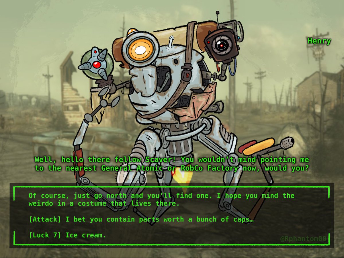 Day 3 of Fallout-February:  NPC interaction.

How many parts can you replace on a Mr Handy until it isn’t the same or handy? Or the same robot for that matter! 
#Fallout #Fallout3 #shirosfalloutfeb26