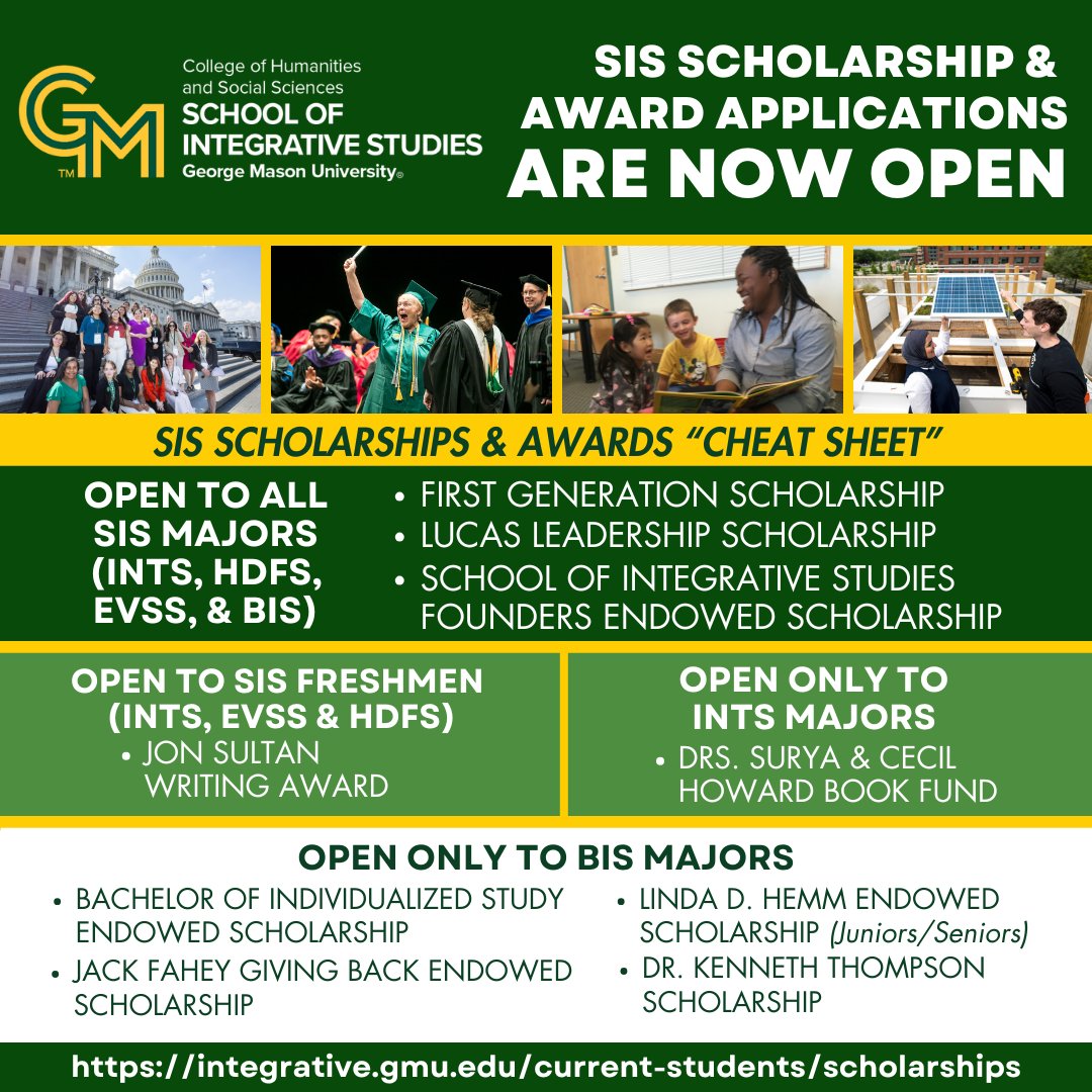 𝐒𝐈𝐒 𝐒𝐜𝐡𝐨𝐥𝐚𝐫𝐬𝐡𝐢𝐩𝐬 𝐚𝐫𝐞 𝐧𝐨𝐰 𝐎𝐏𝐄𝐍! To learn more about these scholarships and to apply, click the link for more info: integrative.gmu.edu/current-studen… #SIS #SISscholarships #INTS #BIS #EVSS #scholarships #applytoday
