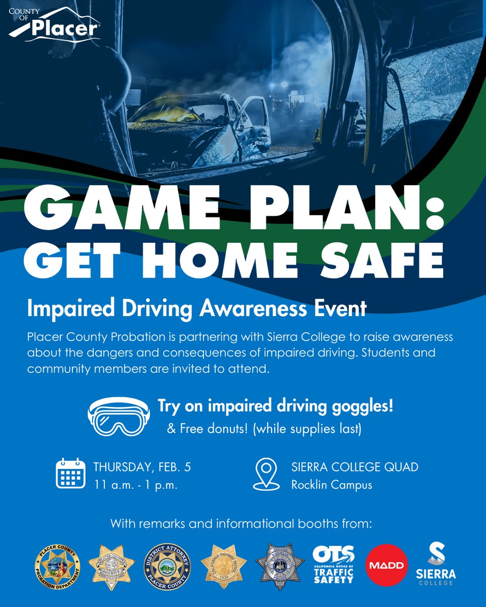 🏈 𝐆𝐚𝐦𝐞 𝐏𝐥𝐚𝐧: 𝐆𝐞𝐭 𝐇𝐨𝐦𝐞 𝐒𝐚𝐟𝐞 🏈
Sierra College Students, this one’s for you!

Join us this Thursday, February 5, 2026, for Game Plan: Get Home Safe in the North Quad from 11:00 a.m. – 1:00 p.m.

With Super Bowl weekend right around the corner, this event is all