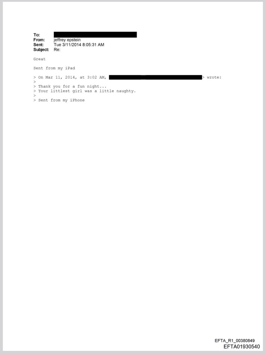 RoguePOTUSStaff's tweet image. Absolutely grotesque email exchange between Epstein and a redacted individual, who appears to have received underage girls for sex from Epstein.

Why is DOJ shielding this predator? @RepThomasMassie wanted to know which files should be viewed unredacted? This one, right here.