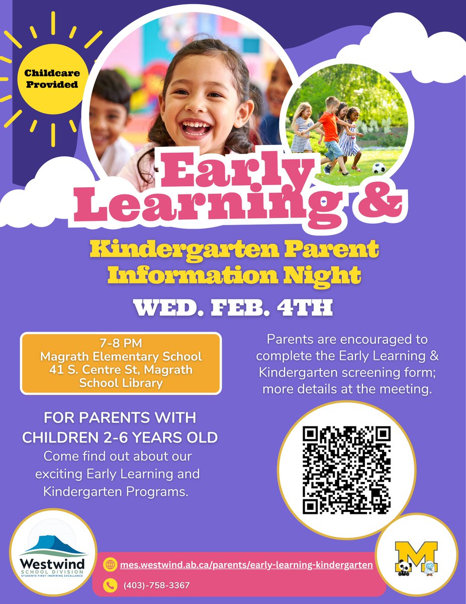 🎒Early Learning &amp; Kindergarten Parent Information Night
For parents and caregivers
Magrath
Wednesday, February 4
7:00–8:00 PM
Magrath Elementary School – Library