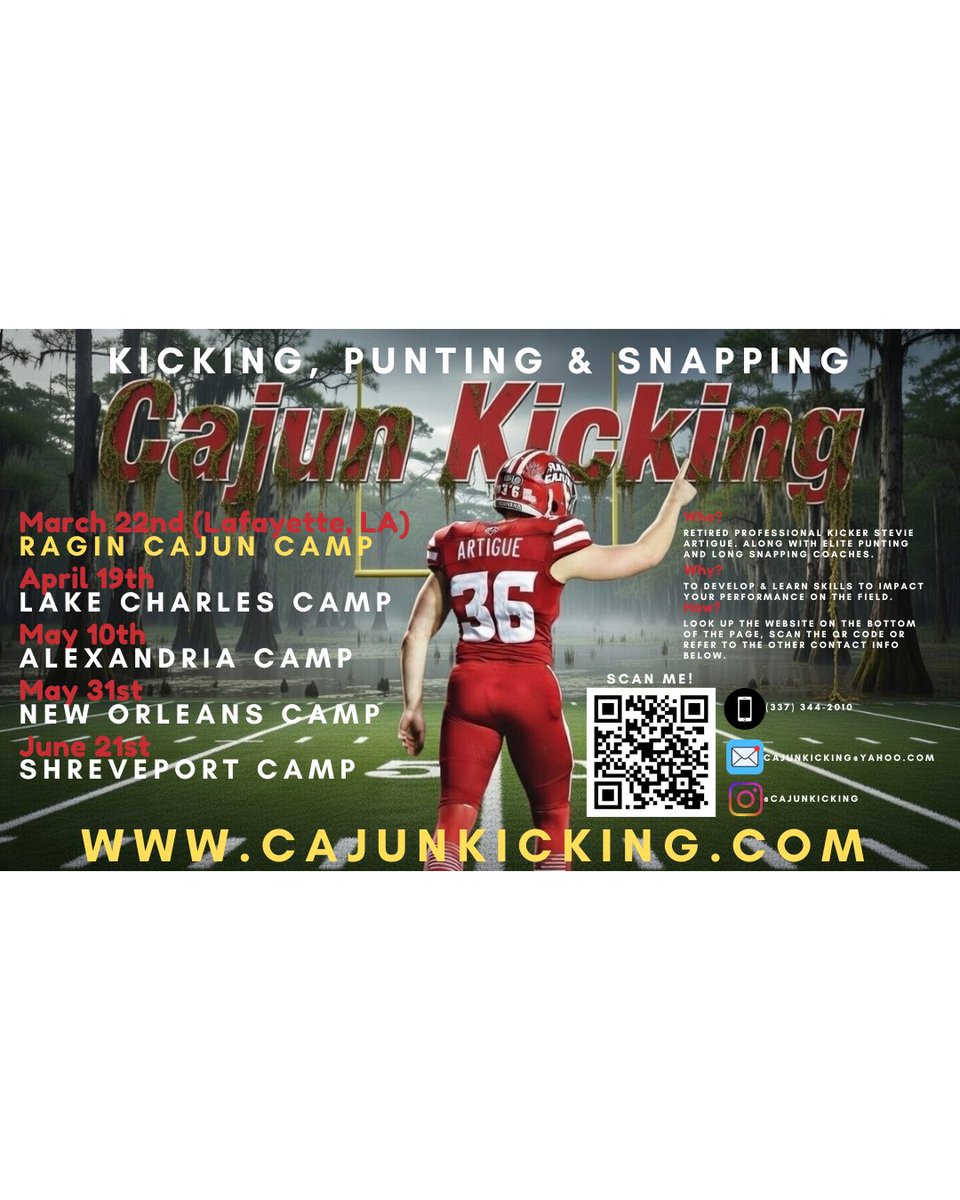 The 2026 Cajun Kicking Camp Schedule is out! If you are a Kicker, Punter or Snapper and want to learn how to become elite then this is the camp for you! 🏈 Link in bio! 
cajunkicking.com