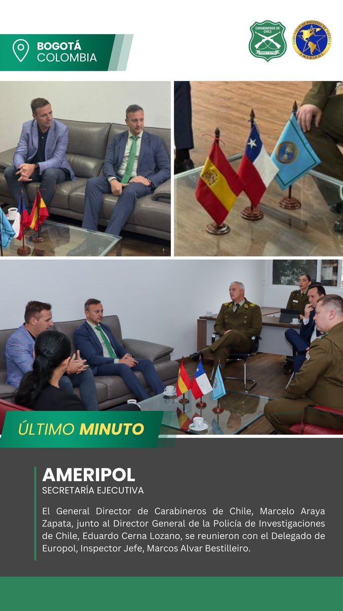 CarabInternac's tweet photo. 📍Bogotá – Colombia: En el marco de la Secretaría Ejecutiva de @AmeripolOrg, el General Director, Marcelo Araya, junto al Director General de la @PDI_CHILE, Eduardo Cerna, se reunieron con el Delegado de EUROPOL, Inspector Jefe, Marco Alvar.
#Ameripol
#OrdenyPatria https://t.co/6yaT94tR1y