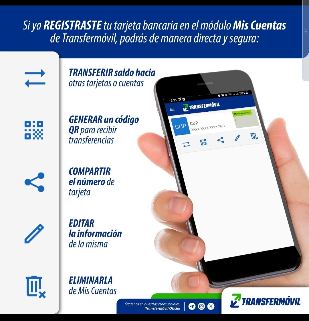 Registra tus tarjetas bancarias en el módulo Mis Cuentas de #Transfermóvil y gestiona tus transferencias de forma rápida y segura. 📱
#EtecsaTeAcompaña 
#EtecsaConCuba